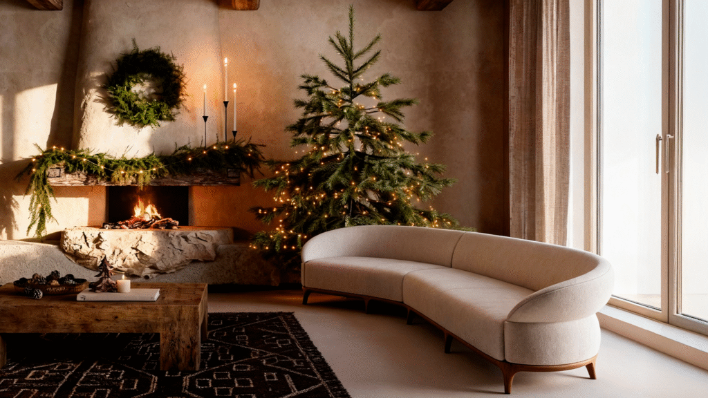 Samara Large Sofa by Sentta with a curved silhouette and continuous ash wood base, placed in a cozy winter living room with a fireplace.