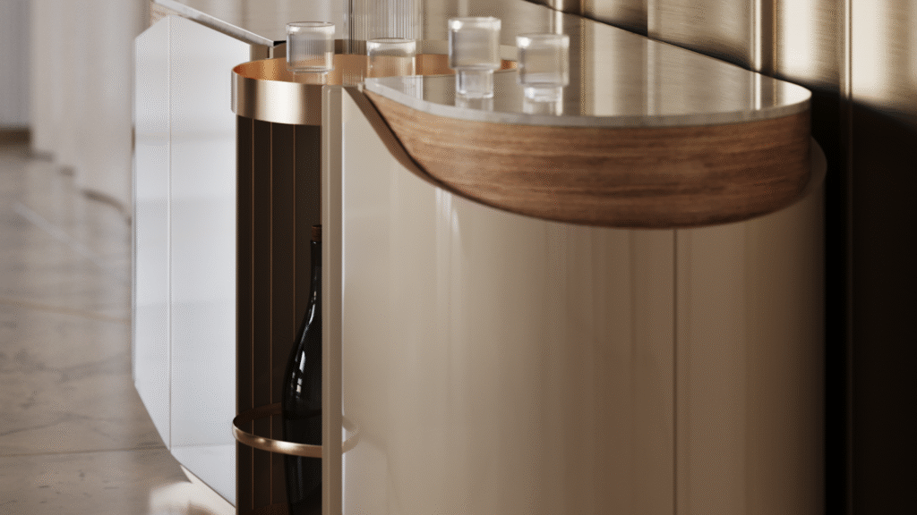 Detail of the Bellagio Modular Sideboard by Sentta, displaying the sliding modular tray in brass and the stone top surface.