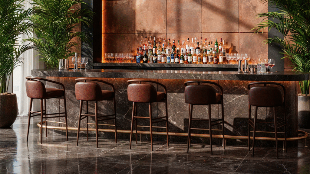 Elegant Essex Bar Stool by Sentta, showcasing its signature arcing ash-wood frame structure, plush upholstered seat, and slim brass footrest details for luxury bars.