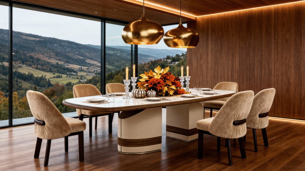 The Bellagio Dining Table XL by Sentta, a sculptural wooden dining table with marble top set for a luxury Thanksgiving dinner.