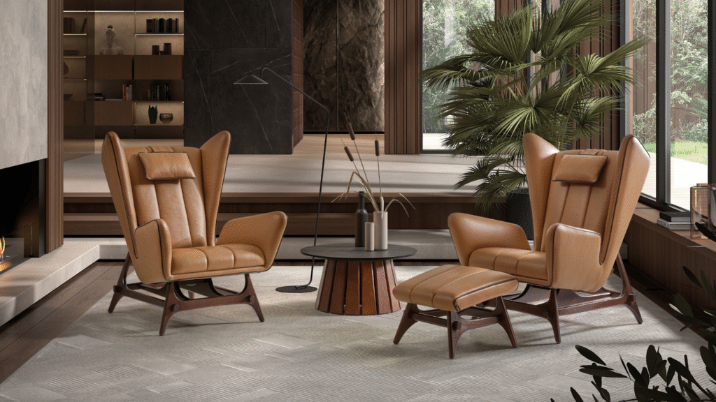 Treno Lounge Chair LT by Sentta, featuring a low-profile wooden frame and plush upholstery, creating a serene and grounded atmosphere in a modern living room.