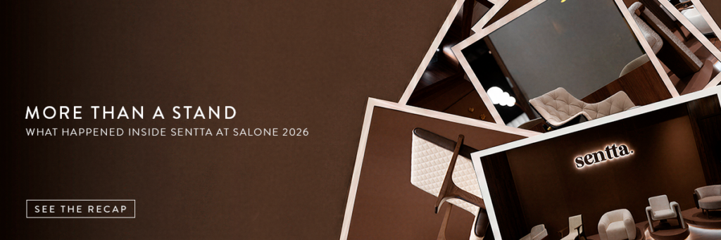 The cénic atmosphere of the Sentta stand at Salone del Mobile 2026, featuring the new Vellure, Floow, Avoria, and Kado armchairs during the exclusive April 23 event.